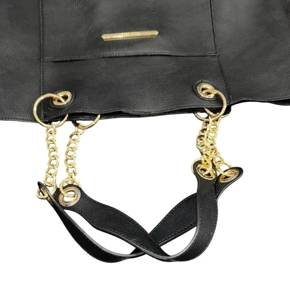 UEC STEVE MADDEN HUGE BLACK LEATHER TOTE GOLD CHAIN BLACK SUEDE INTERIOR - Picture 7 of 13